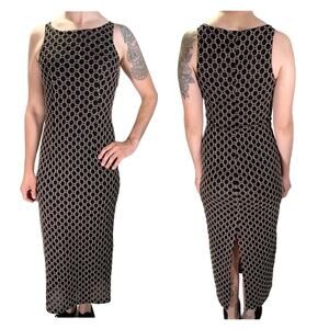 Vintage Maxi Dress Black Beaded Embroidered Sleeveless Slit 80s 90s Gothic